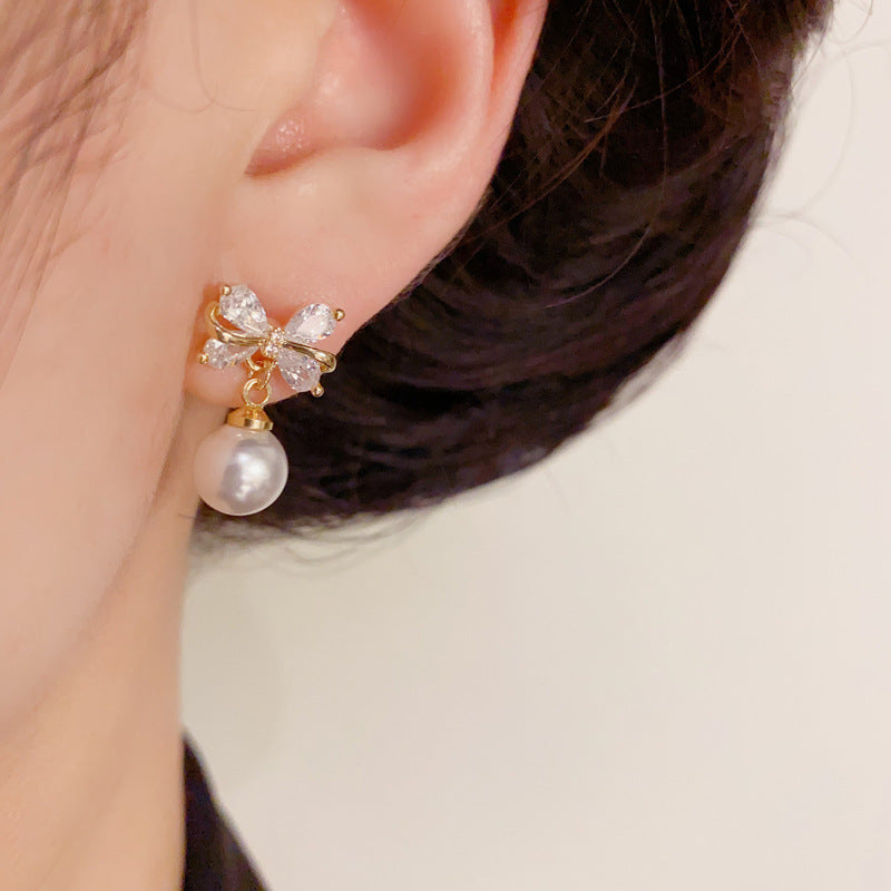 14K Gold Luxury Zircon Bow & Pearl Drop Earrings – Elegant Design