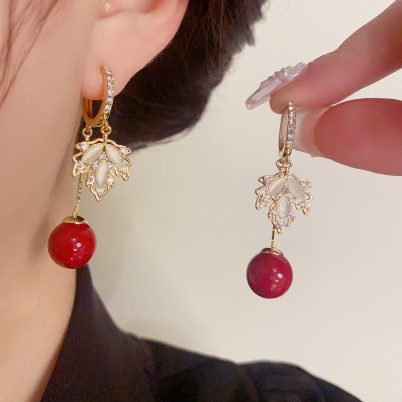 14K Gold-Plated Stone Maple Leaf Red Bead Earrings - Chic & Elegant