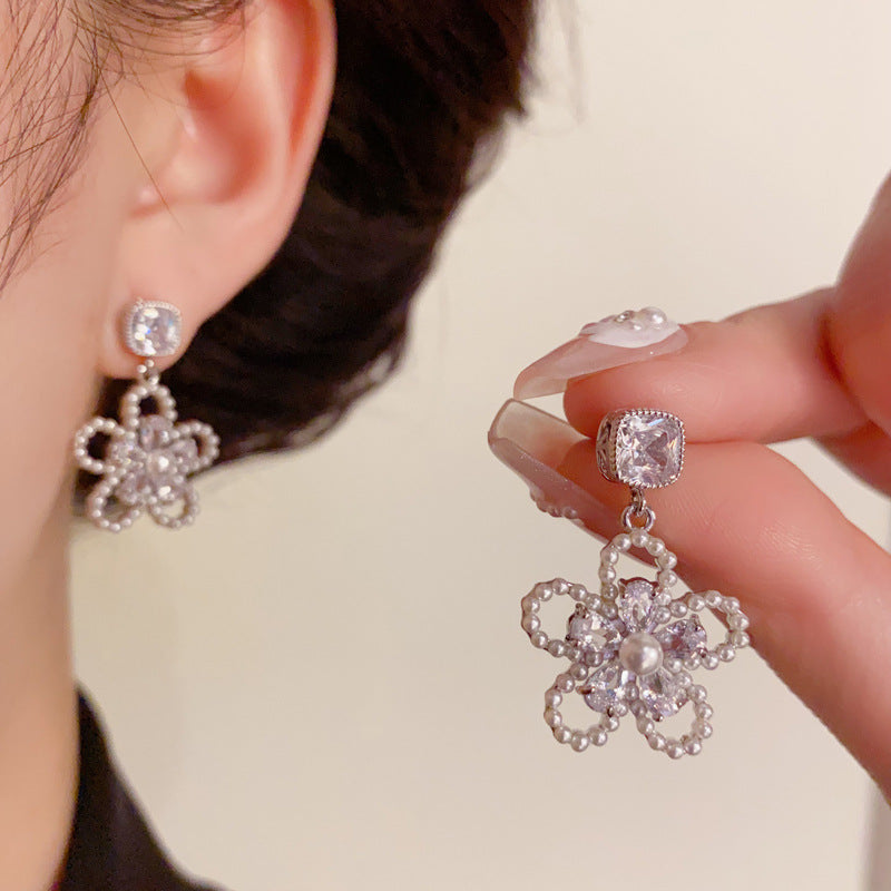 14K Gold Zircon Pearl Open Flower Drop Earrings - Chic Elegance Design