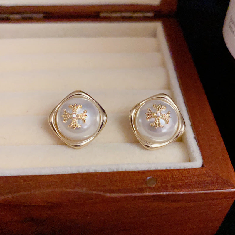 14K Gold Cross Pearl Geometric Stud Earrings- Chic Elegance Design