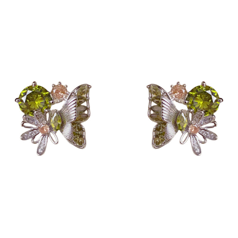 14K Gold Green Rhinestone Butterfly Stud Earrings – Minimalist Style
