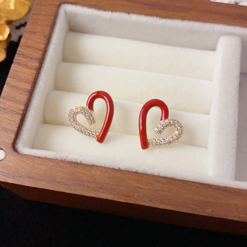 Luxury Zircon Spliced Red Heart Stud Earrings – French Design