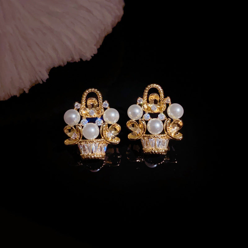 Elegant Zircon Pearl Metal Basket Flower Gold Earrings – Floral Design