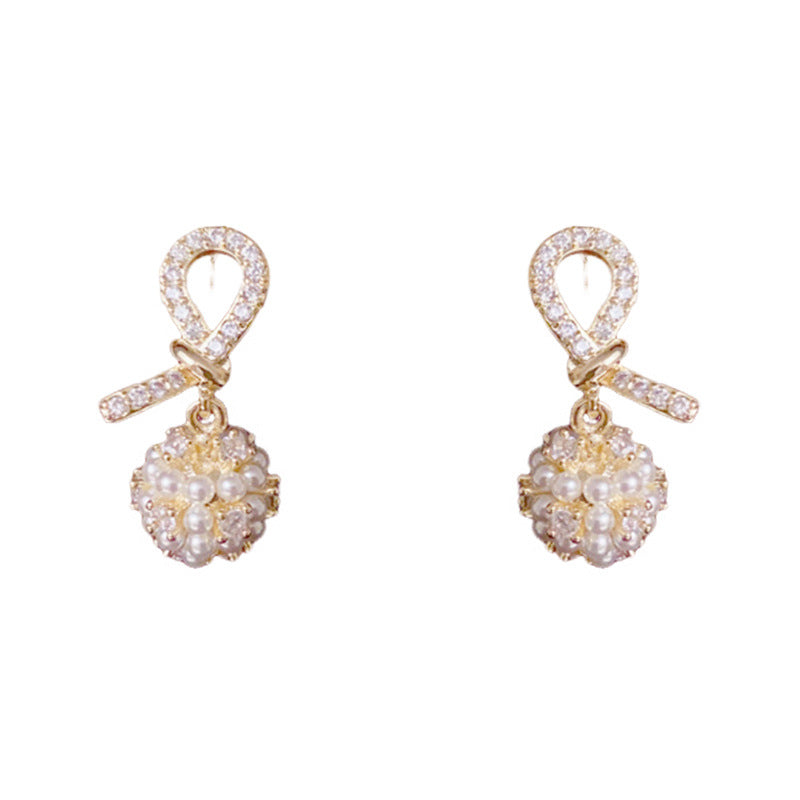 Luxury Zircon Knotted Pearl Ball Drop Earrings – Geometric Design