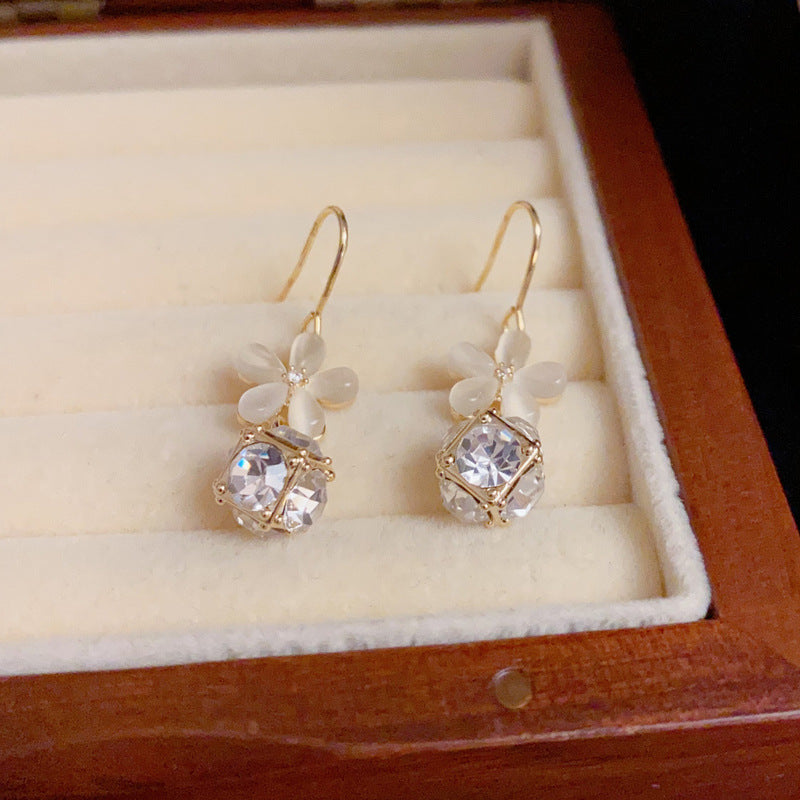 14K Gold Cat Eye Petal Zircon Ball Drop Earrings- Chic Elegance Design