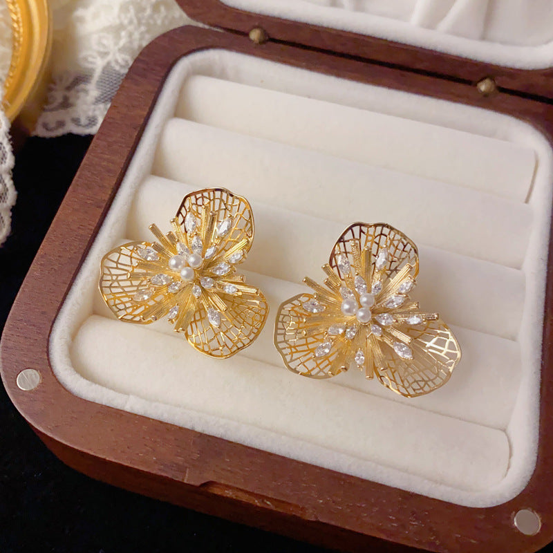 Luxury Zircon Openwork Metal Petal Stud Earrings – Floral Design