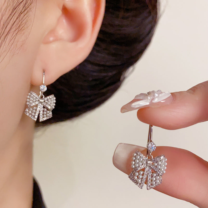 14K Gold-Plated Pearl Bowknot Hook Earrings – Elegant Chic Design