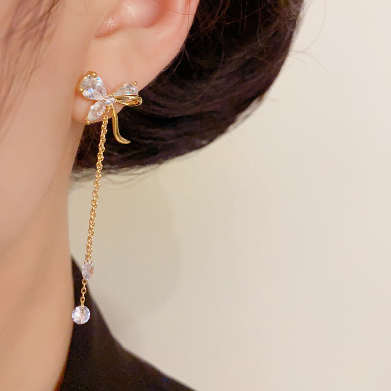 14K Gold-Plated Sweet Zircon Bow Tassel Drop Earrings – Elegant Design