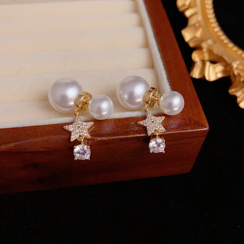 Luxury Zircon Star & Pearl Front-Back Drop Earrings – Elegant Design