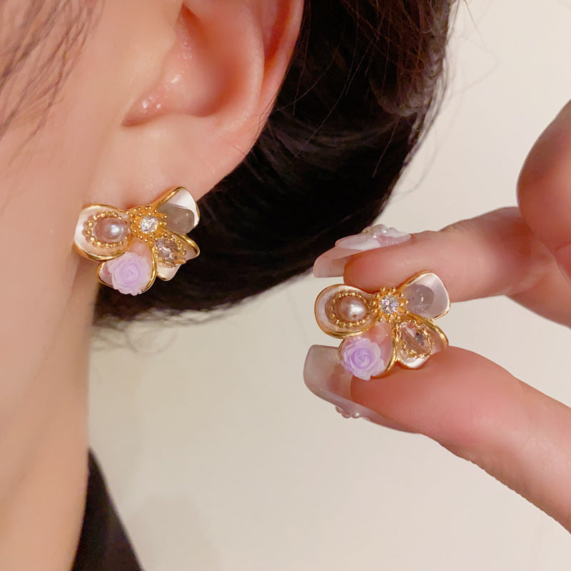 Luxury Handcrafted Flower, Pearl & Bow Stud Earrings – Elegant Design