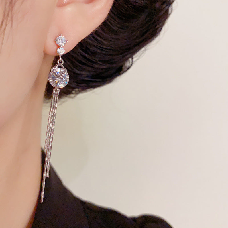 Elegant Diamond Long Tassel Drop Earrings – Floral Design