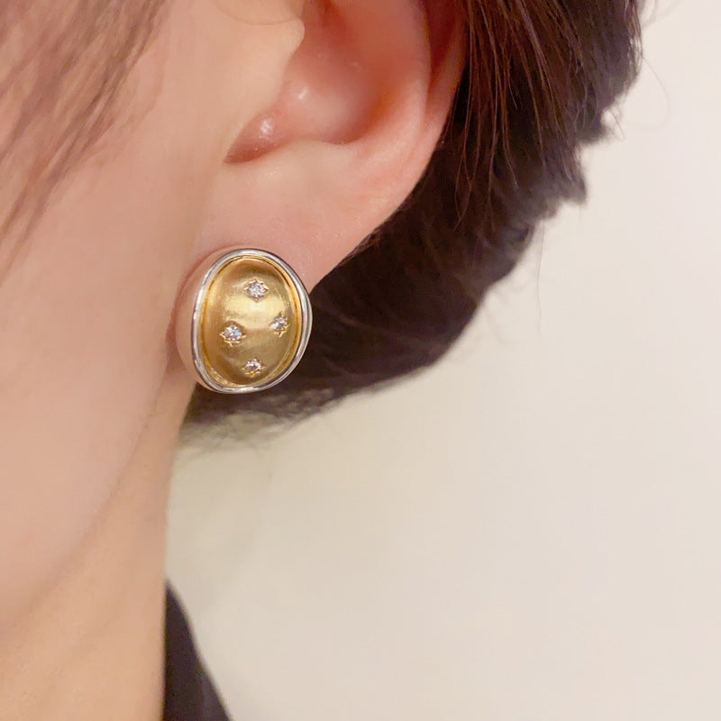 14K Gold-Plated Color-Block Star Oval Stud Earrings -Retro Chic Design