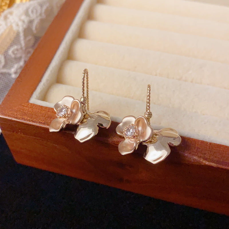 Luxury Zircon Coffee Double-Sided Petal Drop Earrings – Retro Design