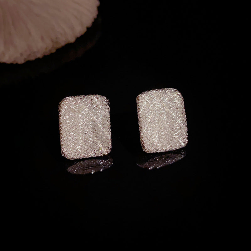 Luxury Thick Silver Mesh Square Stud Earrings – S925 Silver Needle