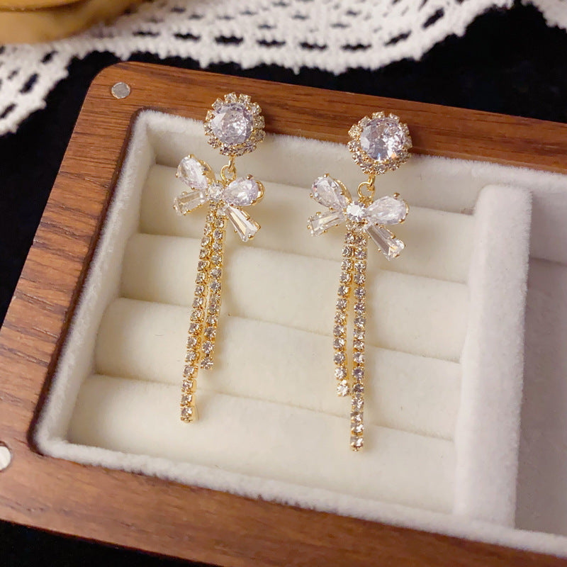 Luxury Full-Zircon Bow Tassel Drop Earrings – Elegant Design