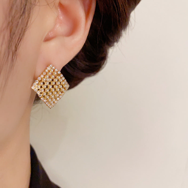 14K Gold-Plated Diamond Pearl Square Stud Earrings - Elegant & Chic