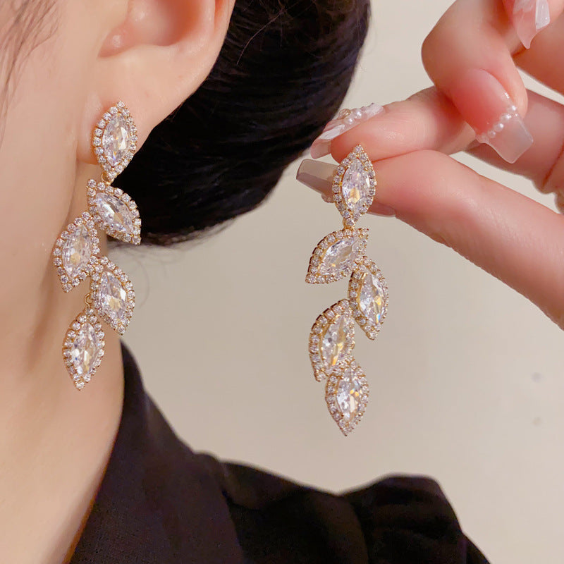 Eaioncol Full CZ Leaf Tassel Drop Earrings Gold Silver