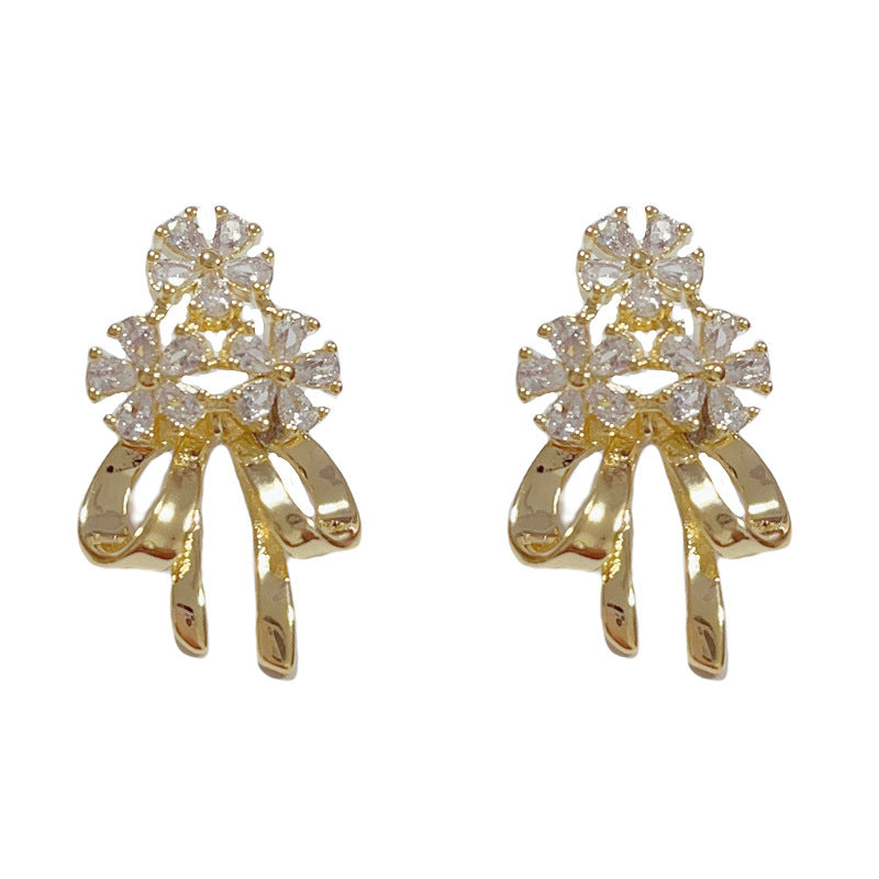 14K Gold-Plated Zircon Flower Bow Drop Earrings – Elegant Design