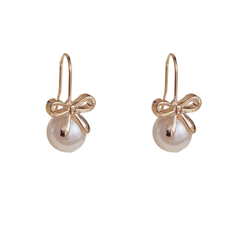 14K Gold Minimalist Metal Bow & Pearl Hook Earrings – Elegant Design