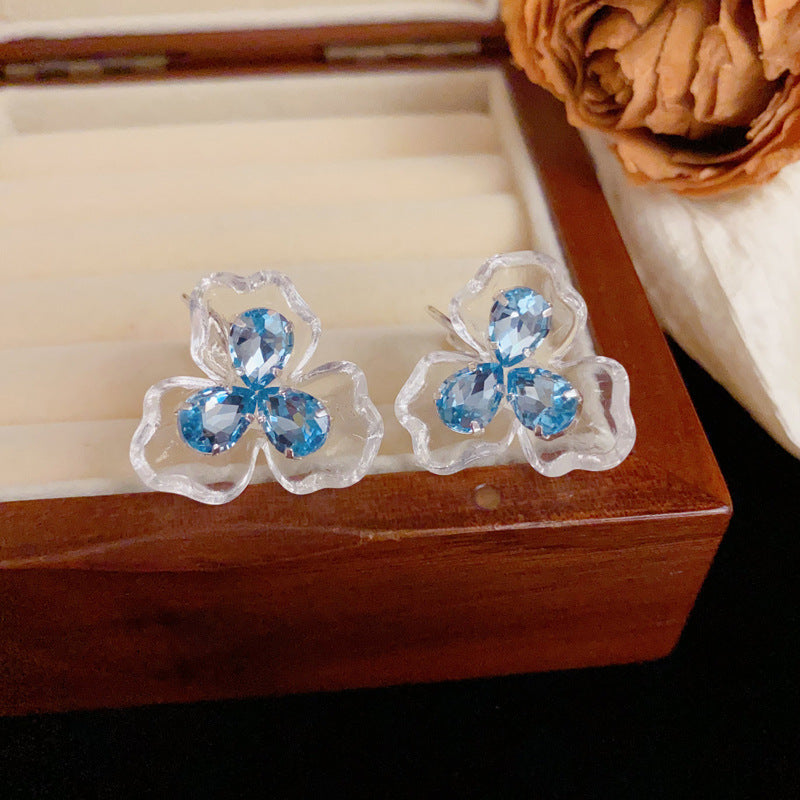 Luxury Blue Transparent Trefoil Flower Earrings– Elegant Design