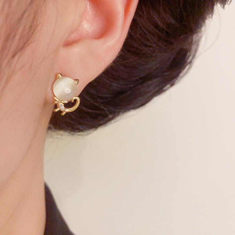 14K Gold Cat's Eye Stone Kitten Stud Earrings – S925 Silver Needle