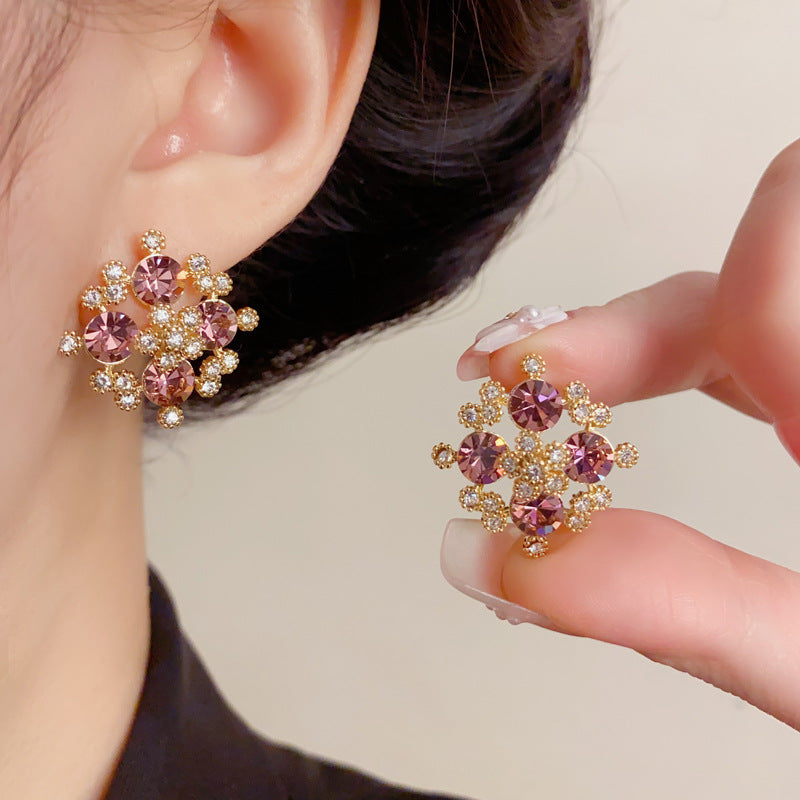 Elegant Full-Zircon Purple Hollow Petal Stud Earrings – Floral Design
