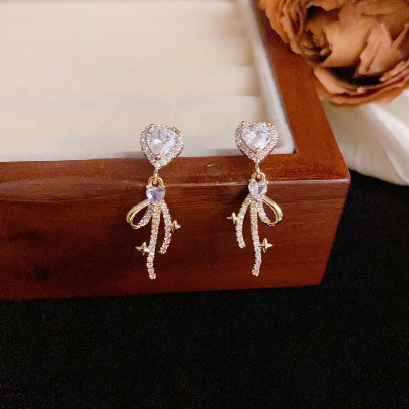 Luxury Full-Zircon Heart & Bow Drop Gold Earrings – Elegant Design