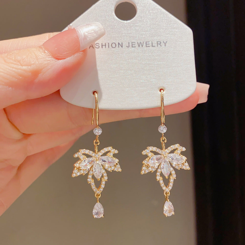 Eaioncol Maple Leaf CZ Tassel Ear Hooks Red Gold