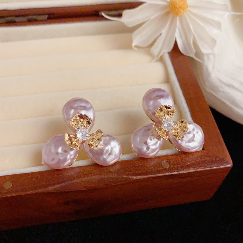 Elegant Faux Baroque Pearl & Flower Stud Earrings – Floral Design