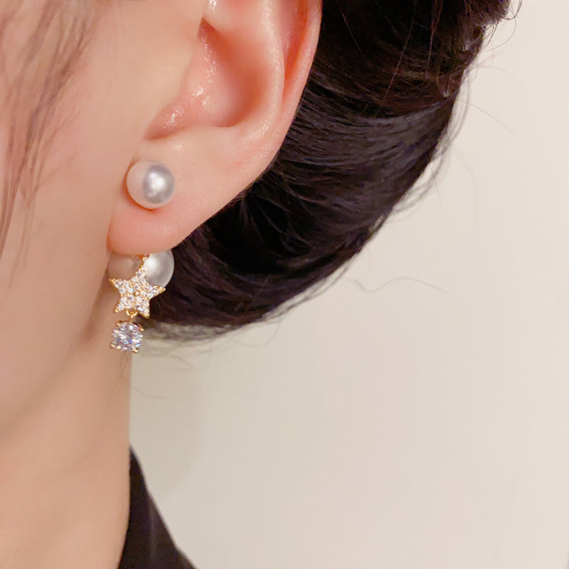 Luxury Zircon Star & Pearl Front-Back Drop Earrings – Elegant Design