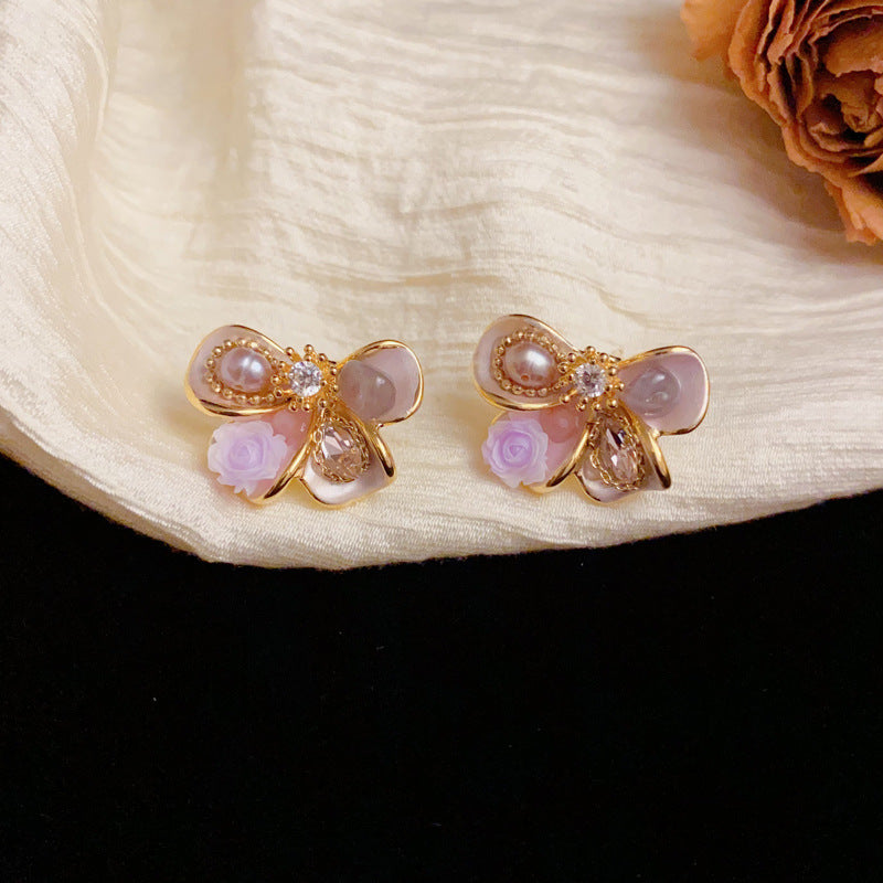 Luxury Handcrafted Flower, Pearl & Bow Stud Earrings – Elegant Design