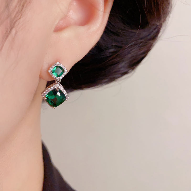 Elegant Square Emerald Zircon Drop Earrings – Geometric Design