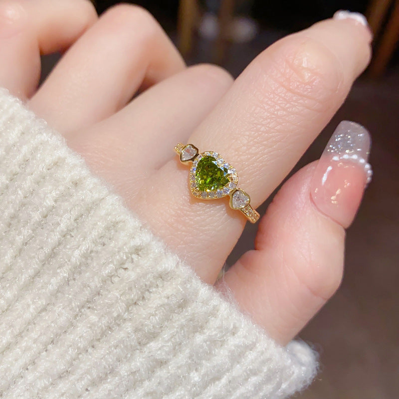 14K Gold-Plated Zircon Green Heart Open Ring - Chic and Unique Design