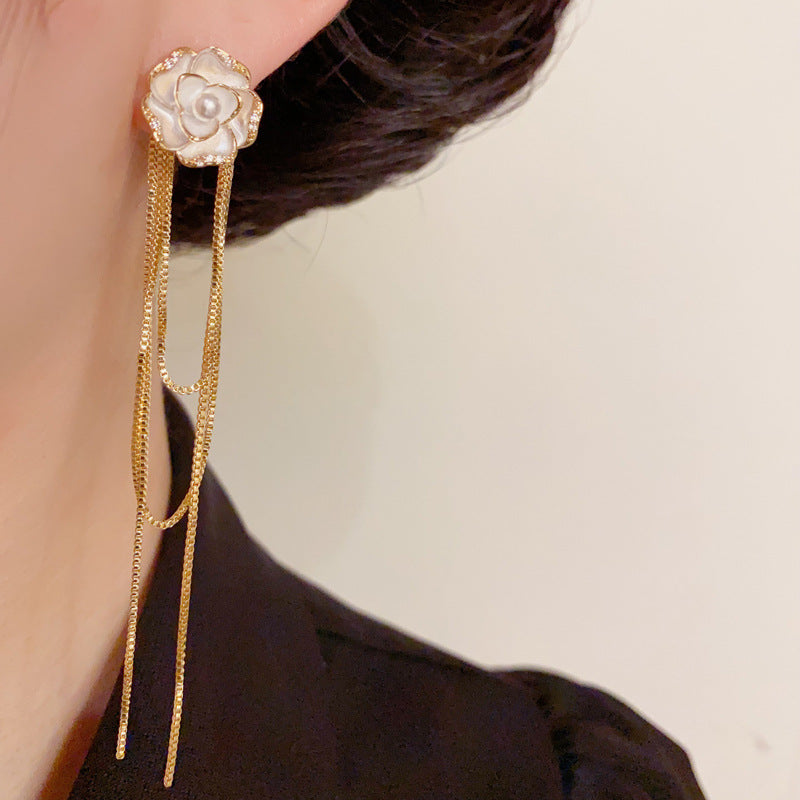 14K Gold-Plated Camellia 2 Way Tassel Earrings – Elegant Floral Design