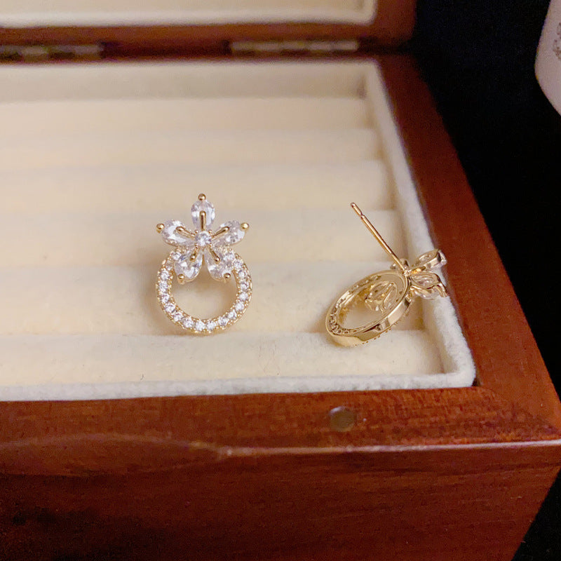 14K Gold-Plated Zircon Floral Hoop Stud Earrings–Elegant Circle Design