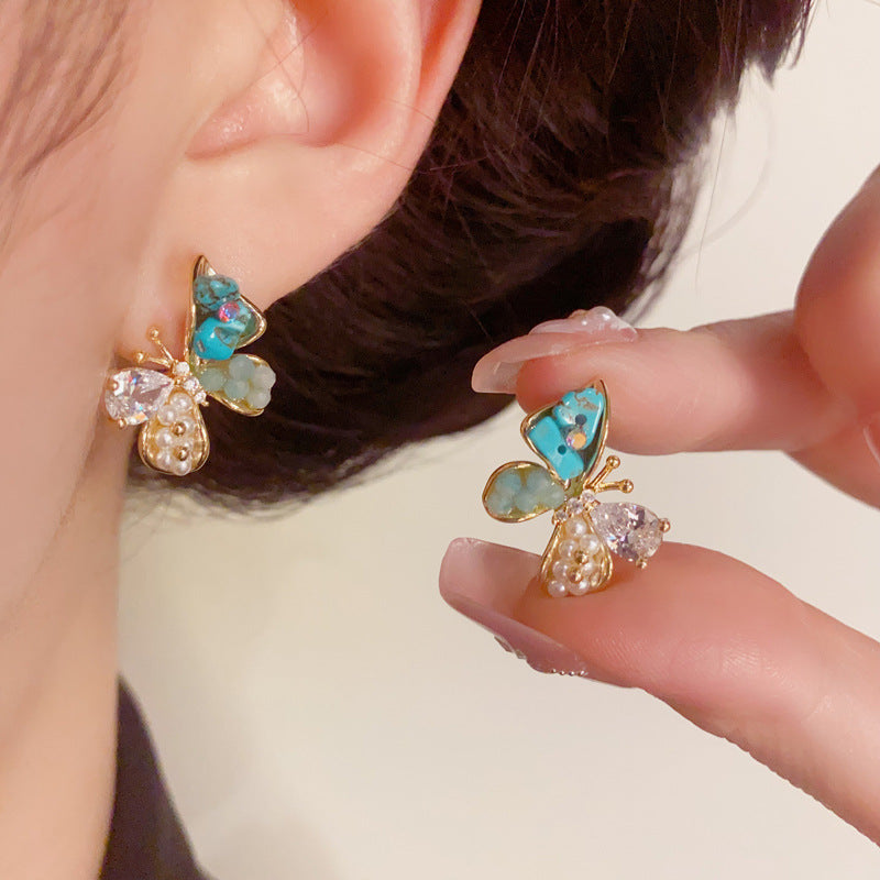 14K Gold Minimalist Blue Pearl & Butterfly Earrings–S925 Silver Needle