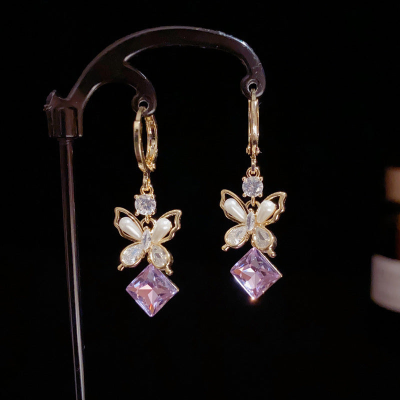 Purple Amethyst Butterfly Tassel Drop Gold Earrings – Elegant Design