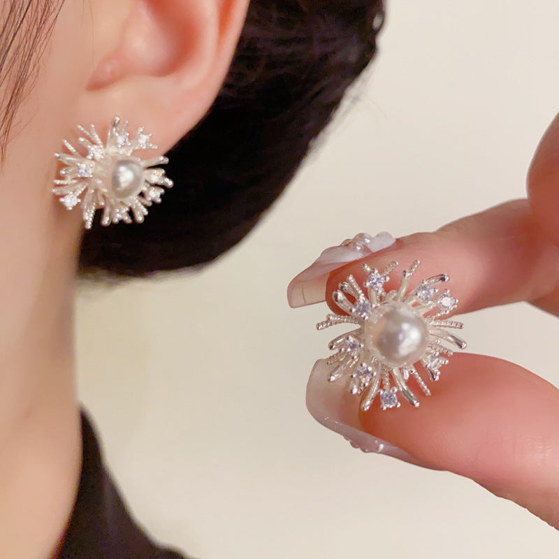 Luxury Zircon Firework & Pearl Stud Earrings – Elegant Floral Design