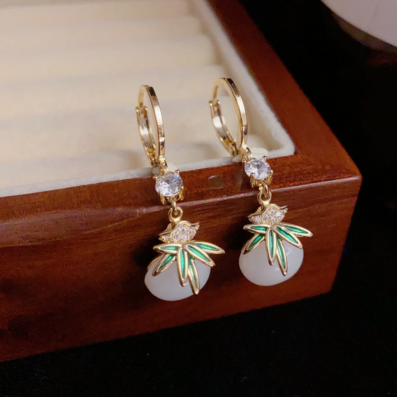 14K Gold-Plated Bamboo Leaf Tassel Earrings – Elegant Oriental Style