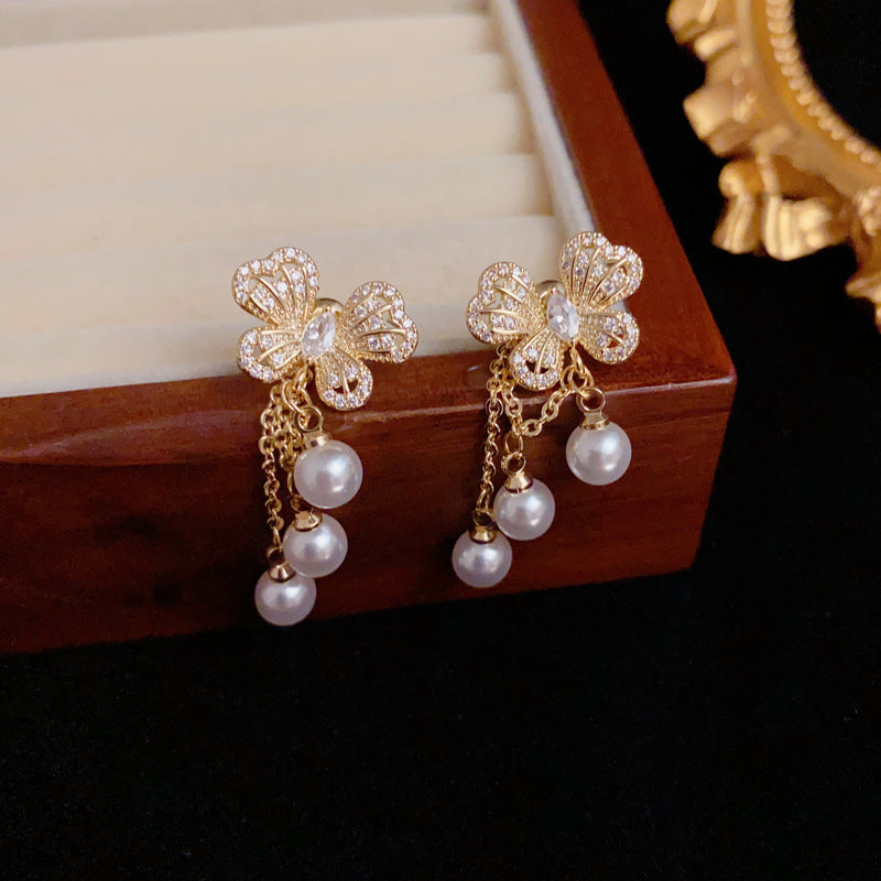 Zircon Butterfly Multi-Wear Pearl Tassel Drop Earrings– Elegant Design