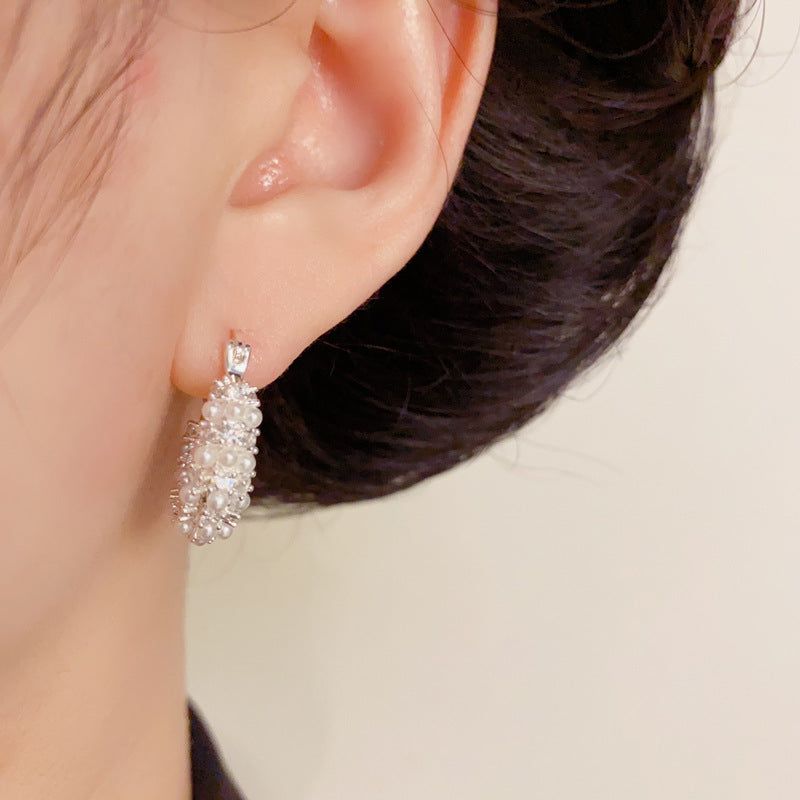 Elegant Full-Zircon Pearl U-Shaped Earrings – Silver Needle Geometric
