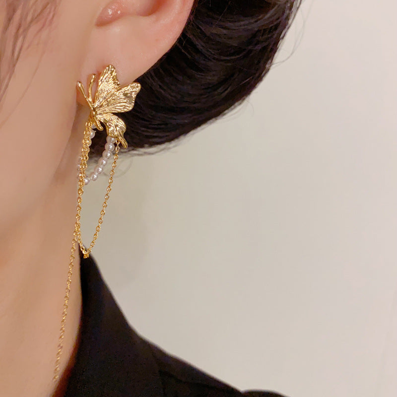 Luxury Butterfly & Pearl Chain Tassel Drop Earrings – Elegant Design