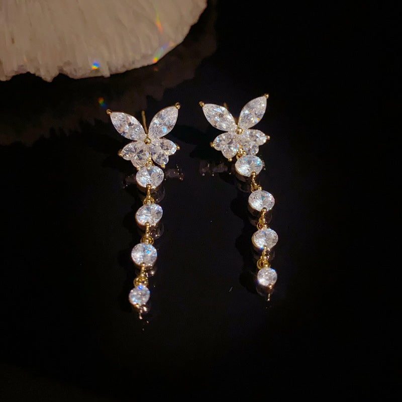 14K Gold-Plated Rhinestone Butterfly Tassel Earrings – Elegant Design