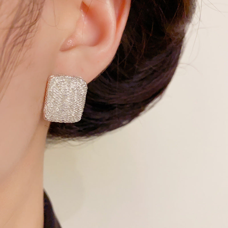 Luxury Thick Silver Mesh Square Stud Earrings – S925 Silver Needle