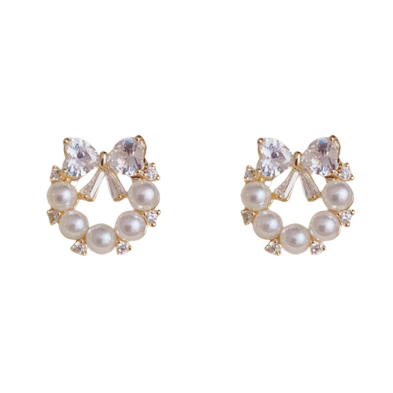 Luxury Zircon Bow & Pearl Round Stud Gold Earrings – Elegant Design