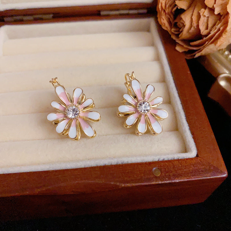14K Gold Sweet Enamel Double-Sided Daisy Earrings – S925 Silver Needle