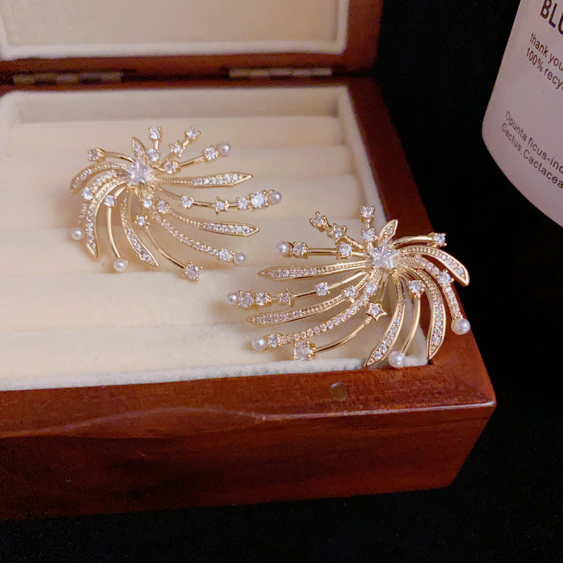 Minimalist Zircon Firework & Pearl Gold Earrings – Geometric Design