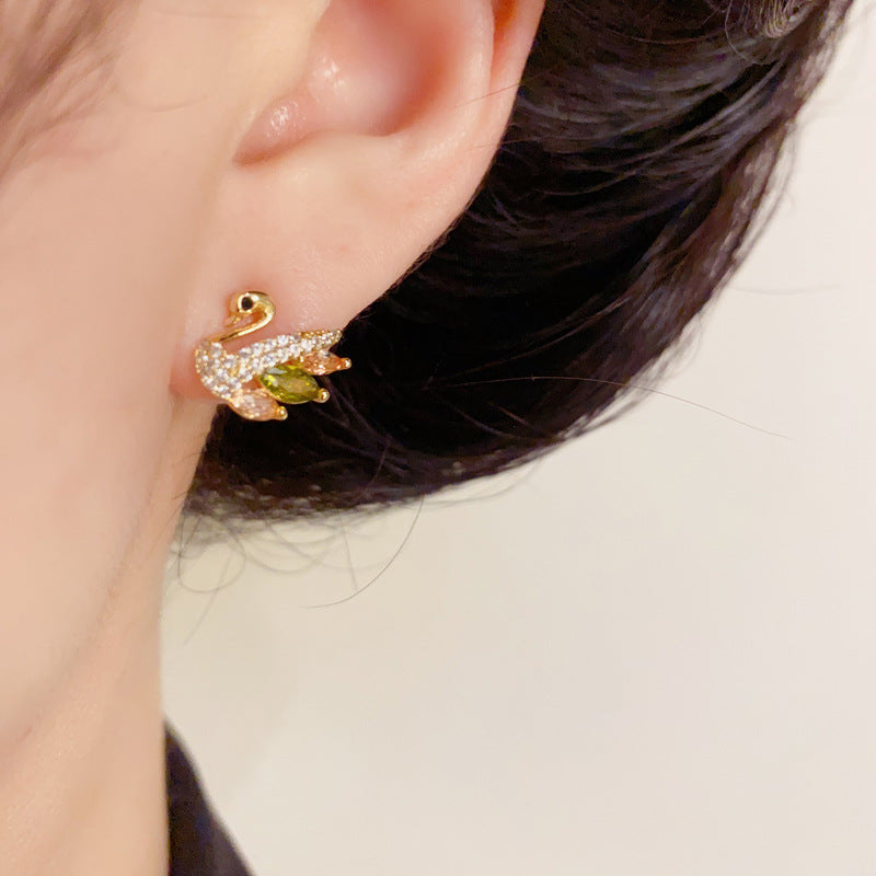 14K Gold Colorful Crystal Swan Stud Earrings – Dainty Animal Design