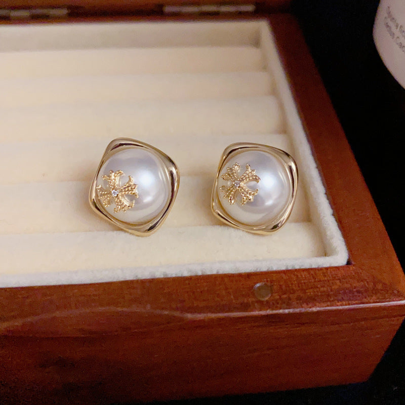 14K Gold Cross Pearl Geometric Stud Earrings- Chic Elegance Design