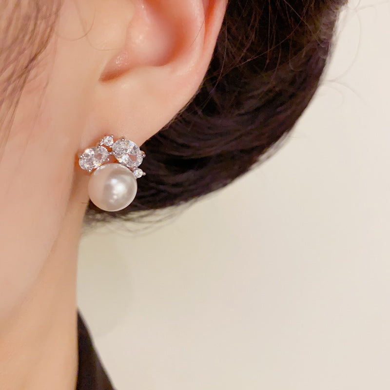 14K Gold Geometric Full-Zircon & Pearl Stud Earrings – French Design